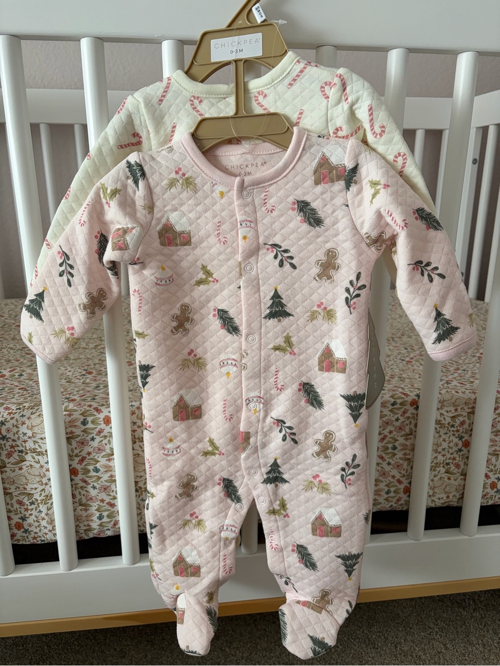 Chickpea Holiday Christmas Pink White Footie Pajamas Baby Girl - Set of 2